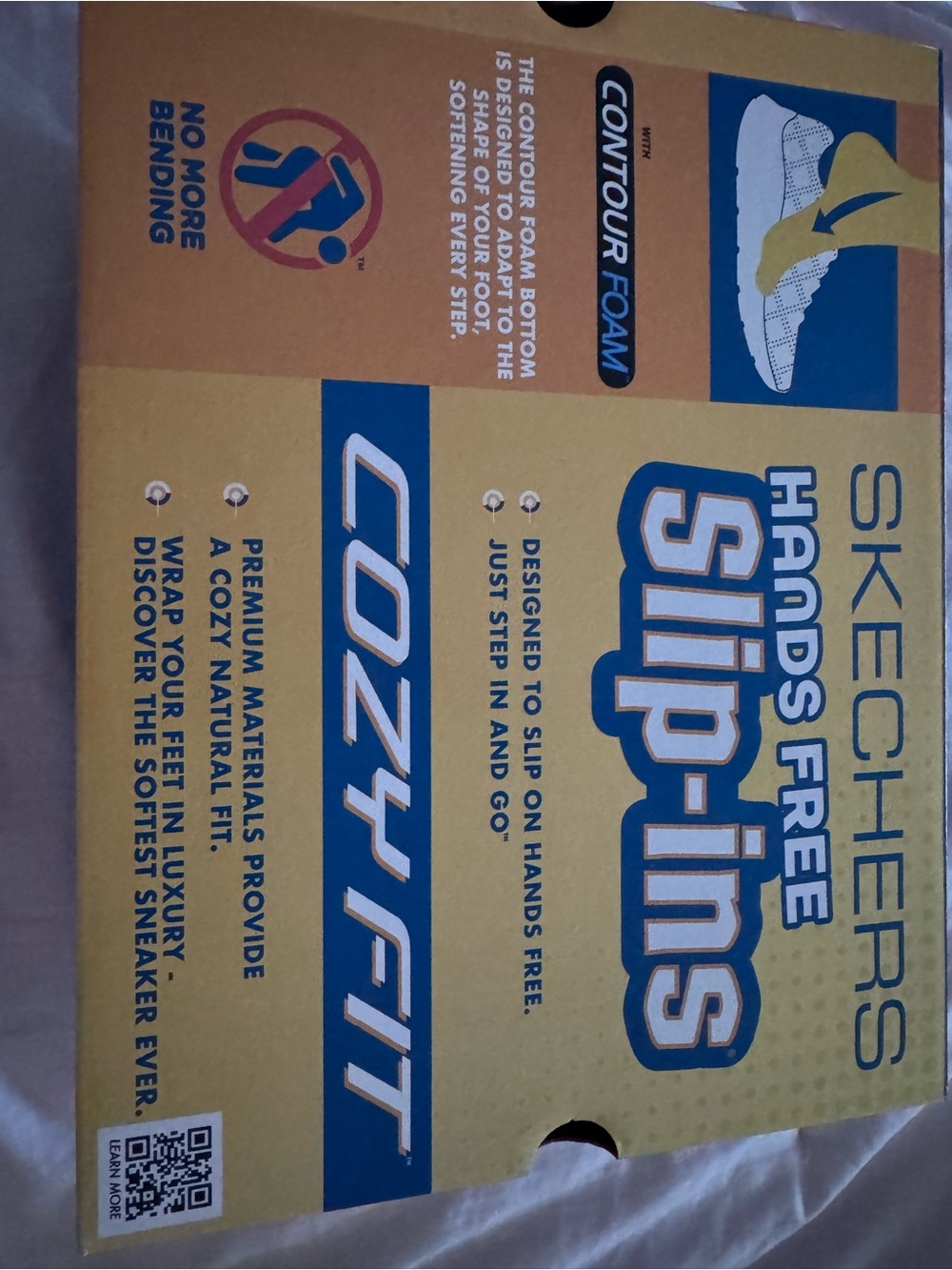 Skechers Cozy Fit Slip-Ins Box with Yellow and Blue Graphics wide 8.5